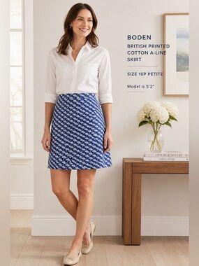 Boden Blue Printed Cotton A-Line Skirt Size 10P Petite | British Style